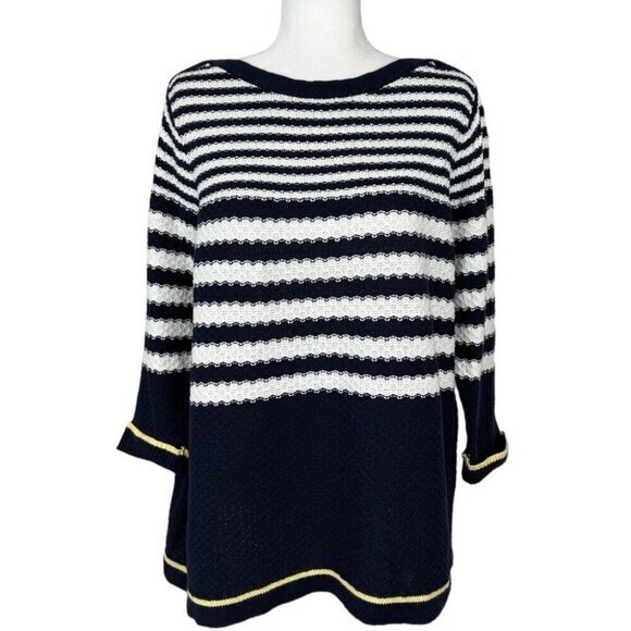 CJ Banks Sweaters - CJ Banks Womens 1X Navy Blue White‎ Striped 100% Cotton 3/4 Sleeve Sweater Top